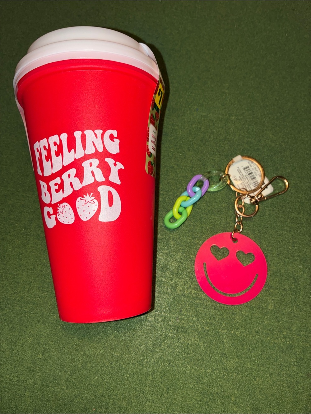 Red 'Feeling Berry Good' Insulated Tumbler with Smiley Keychain